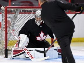 Team Canada goaltender Carey Price takes part in practice in Ottawa on Sept. 5, in preparation for the World Cup of Hockey.