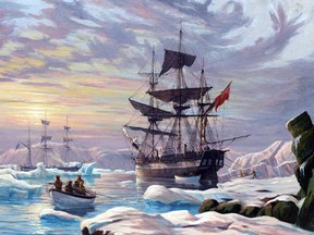 The HMS Terror and HMS Erebus, depicted in a painting by John Horton.