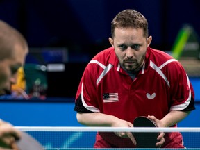 U.S. table tennis player Tahl Leibovitz stares at his opponent, Hungary's Dezso Berecki, during a Paralympic match in Rio on Sept. 10.