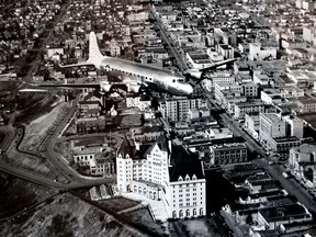 An aerial view of the Hotel Macdonald in Edmonton in 1944.