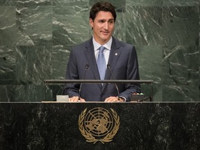 Prime Minister Justin Trudeau addresses the United Nations General Assembly at UN headquarters, Sept. 20, 2016 in New York City.