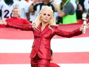 Lady Gaga sings the National Anthem at Super Bowl 50 at Levi's Stadium on February 7, 2016 in Santa Clara, California.