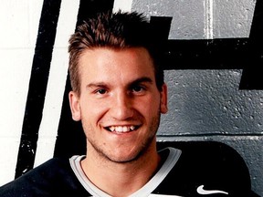 Roberto Bissonnette is shown in a handout photo from the 2001-2002 hockey season when he played for the Hull Olympiques. The co-owner of the Capitales de Quebec baseball team was one of two people killed in a helicopter crash in northern New Brunswick Sunday afternoon.