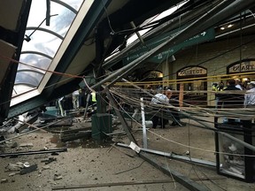 The roof collapse after a NJ Transit train crashed in to the platform at the Hoboken Terminal September 29, 2016 in Hoboken, New Jersey.