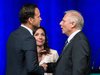 Parti Québécois leadership candidates Alexandre Cloutier, left, and Jean-Francois Lisee shake hands as fellow candidate Martine Ouellet looks on following a debate in Montreal in September. Lisee has emerged as the new leader.