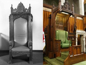 Left: The chair built for then-Speaker Edgar Rhodes that will be used as the Speaker's chair when the House of Commons moves into its temporary new chamber in the West Block in 2018. Right: The current Speaker¹s chair, which is too large to move into the new chamber.