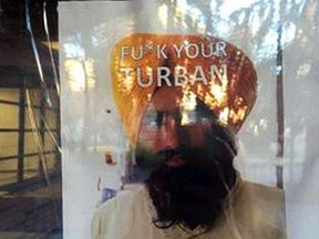 These racist, anti-immigration posters targeting men in turbans were posted around the University of Alberta campus in Edmonton on Monday, Sept. 19, 2016