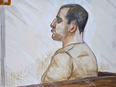 Reza Moazami in the prisoner's box in a court drawing.
