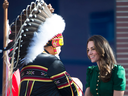 Catherine, Duchess of Cambridge shakes hands with a native chief at an event at the University of British Columbia's Okanagan campus in Kelowna, B.C., Tuesday, Sept. 27, 2016.