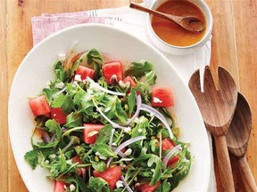 Watermelon combines with flavourful greens and feta in this peppy salad.