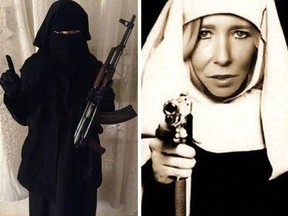 Sally Jones, left in a burqa holding a gun, and right in a nun's habit, according to social media posts.