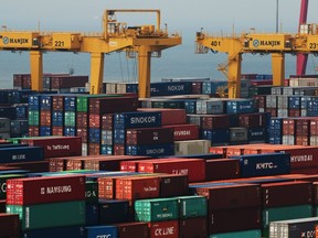 Containers are stacked at the Hanjin Shipping Co. Terminal in Incheon, South Korea, on Thursday, Sept. 1, 2016. The Port of Prince Rupert says a large container ship is anchored in the waters off B.C.'s northwest coast because Hanjin is having financial trouble.