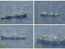 This combination of Sept. 3, 2016 photos provided by the Philippine Government shows what it says are surveillance pictures of Chinese coast guard ships and barges at the Scarborough Shoal in the South China Sea. 