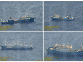 This combination of Sept. 3, 2016 photos provided by the Philippine Government shows what it says are surveillance pictures of Chinese coast guard ships and barges at the Scarborough Shoal in the South China Sea.