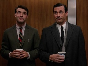 Bob and Don talking their way through a very awkward moment in the elevator.