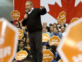 NDP leader Tom Mulcair talks to supporters during a rally at the London Convention Centre in London, Ont. on Sunday October 4, 2015. Craig Glover/The London Free Press/Postmedia Network