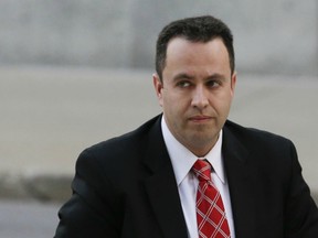 FILE - In this Nov. 19, 2015 file photo, former Subway pitchman Jared Fogle arrives at the federal courthouse in Indianapolis. Fogle, imprisoned for child pornography and sex abuse, says the parents of one of his female victims are to blame for what he describes as her “destructive behaviors.”