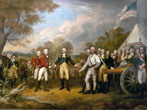 British Gen. John Burgoyne surrendered to American Gen. Horatio Gates in Saratoga, N.Y., in 1777.