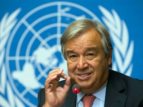 Portuguese Antonio Guterres, United Nations High Commissioner for Refugees, UNHCR, informs during a news conference on the over one million Syrian refugee children, Friday, Aug. 23, 2013, at the European headquarters of the United Nations, in Geneva, Switzerland. The grim milestone announced by U.N. officials means as many Syrian children have been uprooted from their homes or families as the number of children who live in Wales, or in Boston and Los Angeles combined, said Guterres.