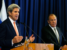 U.S. Secretary of State John Kerry and Russian Foreign Minister Sergey Lavrov hold a press conference following their meeting in Geneva, where they discussed the crisis in Syria, Friday, Sept. 9, 2016.