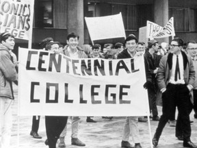 Centennial students march at Queen's Park in Toronto in 1966, not to demonstrate, but to thank Education Minister Bill Davis for opening their college.