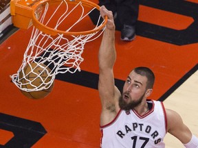 Raptors centre Jonas Valanciunas dunks against the Indiana Pacers during Game 1 of their NBA second-round playoff series in Toronto on May 3, 2016.