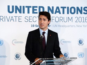 Prime Minister Justin Trudeau speaks at a Global Compact Luncheon at the United Nations headquarters in New York on Monday, Sept. 19, 2016.
