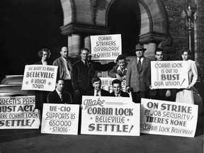 A deputation of 10 members from the strike committee of Local 535 United Electrical Workers' union meet with minister of labour in Toronto in 1947.