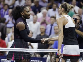 Karolina Pliskova, of the Czech Republic, right, greets Serena Williams after winning their semifinal match of the U.S. Open tennis tournament, Thursday.