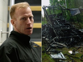 Left: Travis Vader. Right: An evidence photo shows the burnt motor home belonging to Lyle and Marie McCann