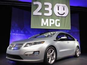 A Chevy Volt Extended Range Electric Vehicle is displayed during a press conference anouncing that the car will get an estimated 230 miles per gallon in city driving.