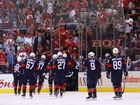 Team USA leaves the ice following a 4-2 loss to Team Canada during the World Cup of Hockey tournament at the Air Canada Centre on Sept. 20, 2016.