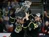 Then-London Knights forwards Mitch Marner (left) and Christian Dvorak hoist the Memorial Cup in Red Deer, AB on May 29, 2016.