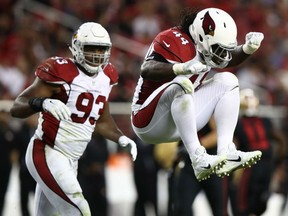 Markus Golden of the Arizona Cardinals celebrates after a sack against the San Francisco 49ers during their NFL game at Levi's Stadium in Santa Clara, Calif., on Thursday night.