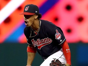 Cleveland Francisco Lindor and the Cleveland Indians wore the Chief Wahoo logo on their hats and sleeves in Game 1 of the ALCS against Toronto.