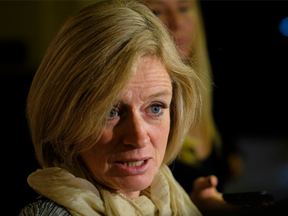 Alberta Premier Rachel Notley speaks to reporters at the McDougall Centre in Calgary on Oct. 4.