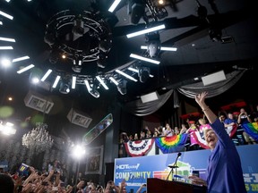 Democratic presidential candidate Hillary Clinton takes the stage to speak at a rally and concert at The Manor Complex in Wilton Manors, Fla., Sunday, Oct. 30, 2016.