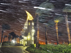 Trees sway in heavy rain and wind from Hurricane Matthew in front of Exploration Tower early Friday, Oct. 7, 2016 in Cape Canaveral, Fla.