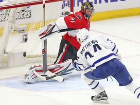 Auston Matthews scores his fourth goal in his NHL debut against the Ottawa Senators on Oct. 12.