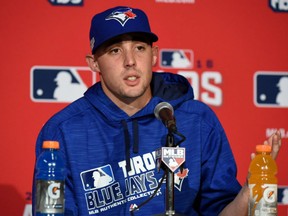 Toronto Blue Jays starting pitcher Aaron Sanchez answers questions during a news conference in Toronto on Oct. 8.