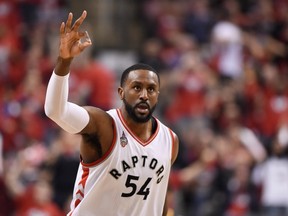 Toronto's Patrick Patterson celebrates a three-pointer against the Indiana Pacers in the 2016 playoffs on May 1.