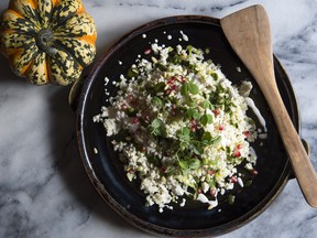 Bonnie Stern's Cauliflower couscous with tahina and cilantro pesto.