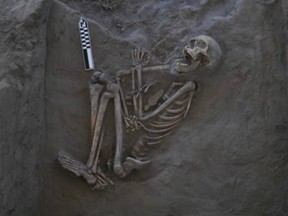 The skeletal remains of Kaakutja, an aboriginal man who scientists think was killed by a boomerang in about the 13th century.