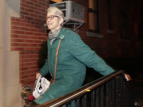 Jessica Leeds arrives at her apartment building, Wednesday, Oct. 12, 2016, in New York. Leeds was one of two women who told the New York Times that Republican presidential candidate Donald Trump touched her inappropriately.