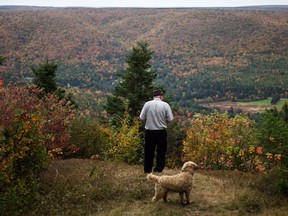 Jim Austin stands on a lookout near the edge of his land in Cape Breton, Nova Scotia, Canada, Oct. 13, 2016.