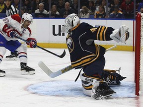 Sabres goalie Robin Lehner makes a save against Montreal Canadiens forward Max Pacioretty during NHL game, Thursday in Buffalo.