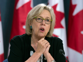 Green party leader Elizabeth May speaks about the CETA negotiations at a news conference in Ottawa, Wednesday Oct. 26, 2016.