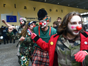 People dressed as clowns protest against CETA at the European Union Commission headquarters in Brussels on Oct. 27, 2016.