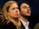 Chelsea Clinton and husband Marc Mezvinsky attend a Clinton Global Initiative meeting on Sept. 20, 2011 in New York.