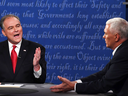 Democratic candidate for Vice President Tim Kaine, left, and Republican candidate for Vice President Mike Pence during a debate at Longwood University in Farmville, Virginia on Oct. 4, 2016.